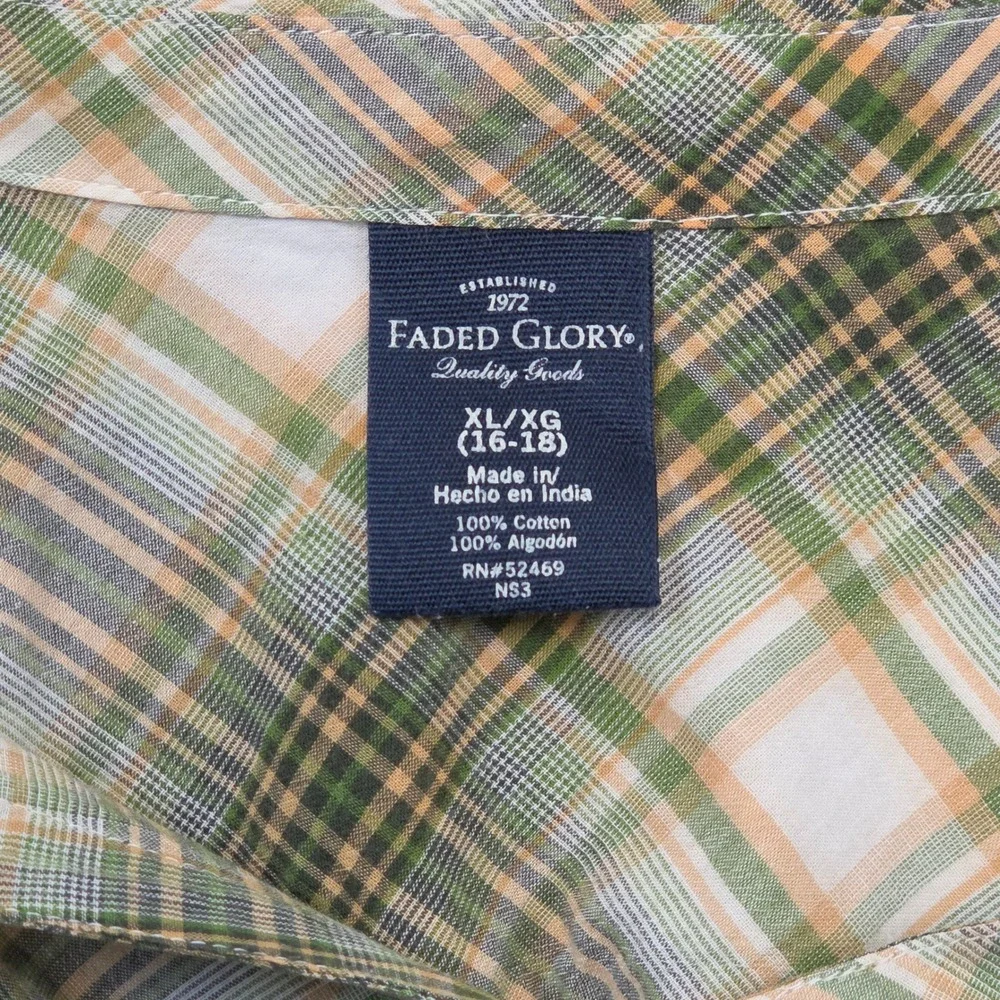 Faded Glory Girls Plaid Western Button Up Shirt XL Green Tan Cotton Retro Youth - Picture 5 of 6